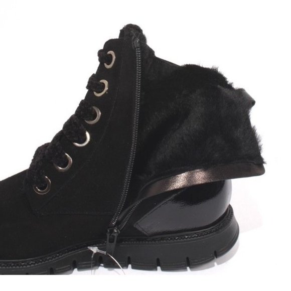ITALIAN Black Suede Patent Leather Fur Ankle Boots - Picture 7 of 9
